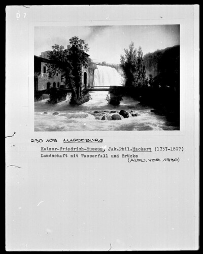 Landscape with waterfall and bridge