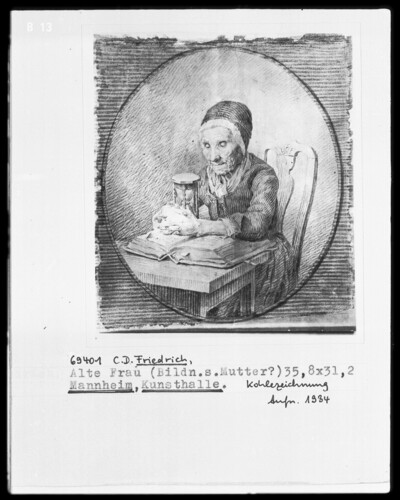 Old woman with hourglass and Bible