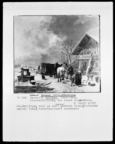Horse feeding in front of a farmhouse