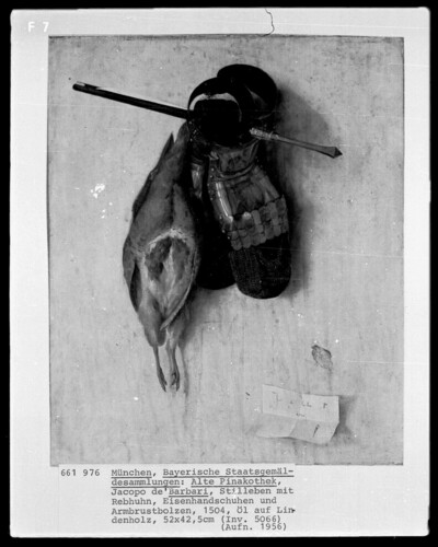 Still life with partridge, iron gloves and crossbow bolts