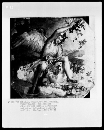 A winged young man with flowers and fruit, sitting on a cloud bench