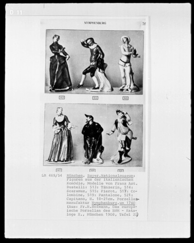 Figures from Italian comedy: dancer, Scaramuz, Pierot, Lombine, Pantalone, Capitano