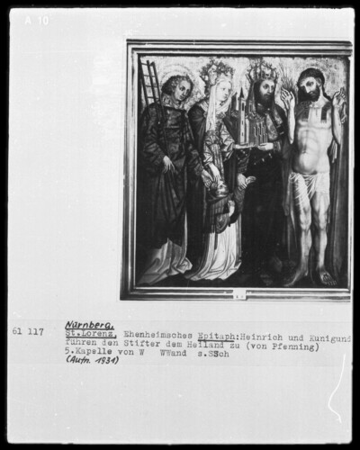 Epitaph des Pfarrers Ehenheim (gest. 1438): Die heiligen Laurentius, Heinrich und Kunigunde führen den Stifter dem Heiland zu