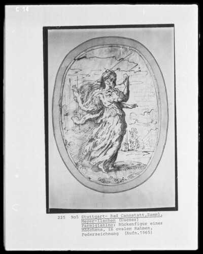 Back figure of a girl in the oval frame