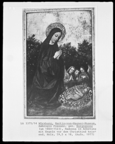 Madonna kneeling in adoration with angels before the Christ Child