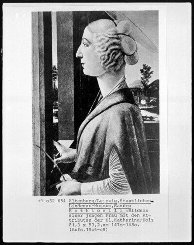 Portrait of a young woman in profile, with the attributes of Saint Catherine later added. Folio 00100