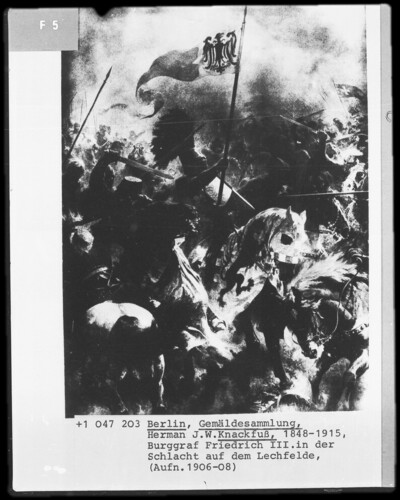 Burggraf Friedrich 3. von Zollern trägt das Reichsbanner in der Schlacht auf dem Marchfeld