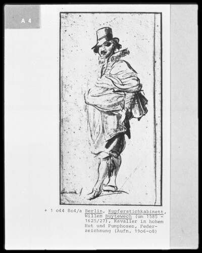 Cavalier standing on the semi-left, in high hat and pumphoses