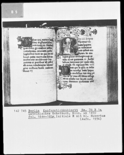 fol. 184v-185r: Initial R with Saint Hubertus