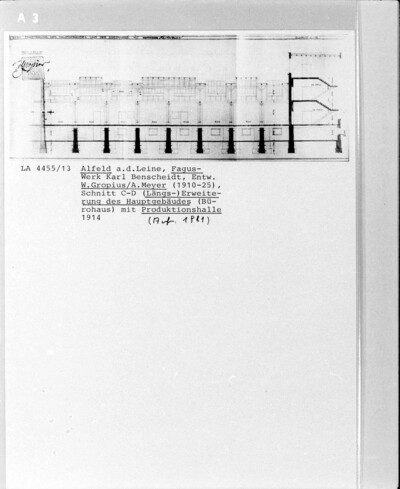 Fagus-Werk, Längsschnitt C-D, Erweiterungen des Hauptgebäudes (Bürohaus) mit Produktionshalle