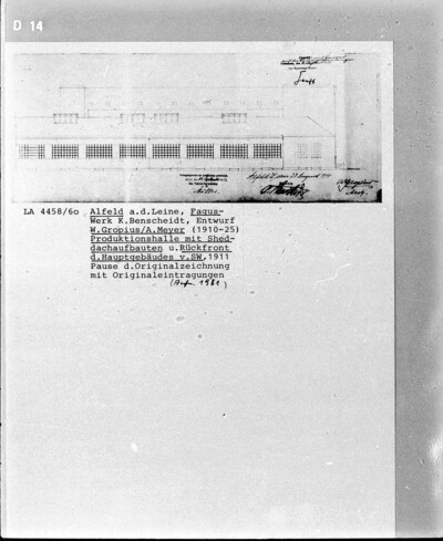 Fagus-Werk, Aufriß der Produktionshalle mit Sheddachaufbauten und Rückfront des Hauptgebäudes von Südwesten