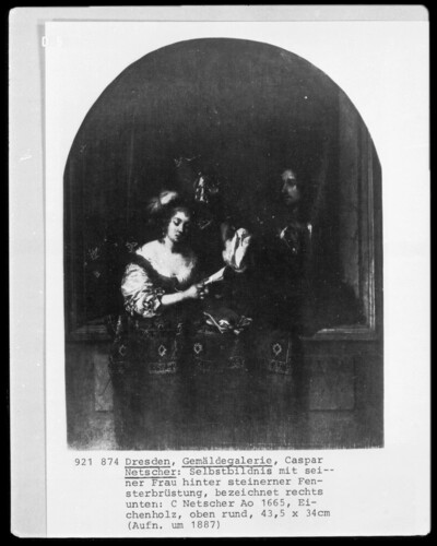 Self-portrait with his wife behind stone window armor