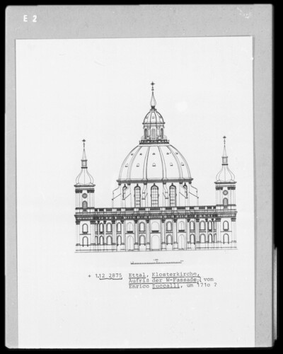 Aufriß der Westfassade der Wallfahrtskirche Sankt Marien des Benediktinerklosters in Ettal