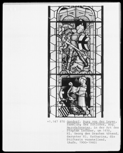 Saint George killing the dragon, including Saint Catherine, presenting the founder, so-called Merodefenster