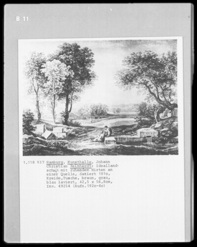 Ideal landscape with resting shepherds at a spring
