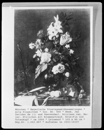 Still life with bouquet of flowers, crucifix and skull