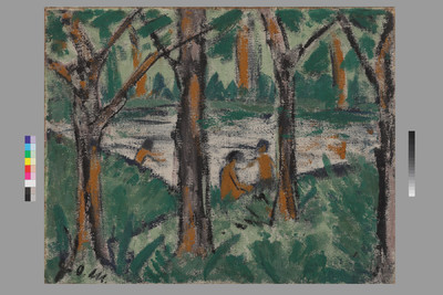 Forest pond with bathers