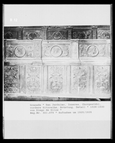 Choir stalls, front row of seats, parapet: plant ornamentation