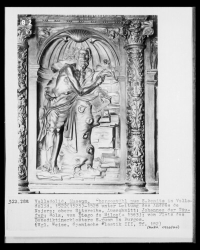 Choir stalls, top row of seats, detail: John the Baptist