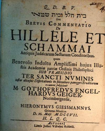 Bet Hillel U Vet Sammay Sive Brevis Commentatio De Hillele Et Schammai Antiquis Judaicarum Sectarum Conditoribus Europeana