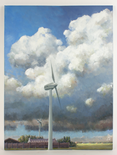 landschap omgeving Friesland. Lucht met en 2 windmolens met gebouw | Europeana
