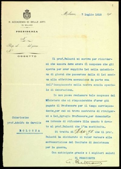 Lettera del presidente dell'Accademia di Belle Arti di Milano a De Carolis