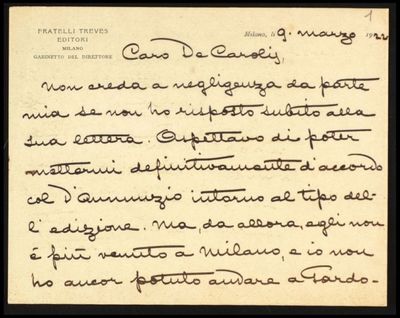 Lettera di Beltrami (Fratelli Treves Editori) a De Carolis