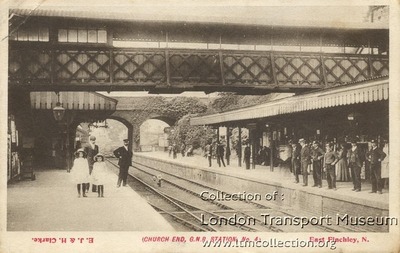 Black and white photographic postcard of Church End station, issued by the Great Northern Railway, 1904postcard