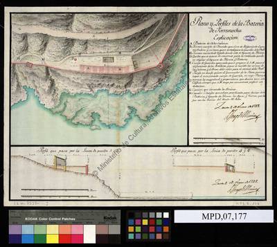 Plano y perfiles de la batería de Torremocha [Material cartográfico]Ceuta. Fortificaciones. Planos. 1748
