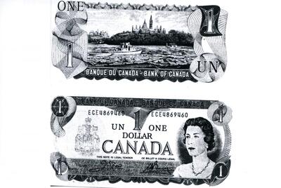 Kanadan dollari. "Irtouitto Kanadan joissa oli aikoinaan niin tärkeätä, että yhden dollarin setelin takana on kuva Ottawajoen uitosta taustanaan parlamenttitalo. Etupuolella kuva kuningatar Elizabethista." (Lauri Hemmin alkuperäinen kuvateksti).
