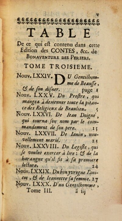 Les Contes Ou Les Nouvelles Recreations Et Joyeux Devis, De Bonaventure Des Periers, Varlet de Chambre de la Royne de Navarre, 3