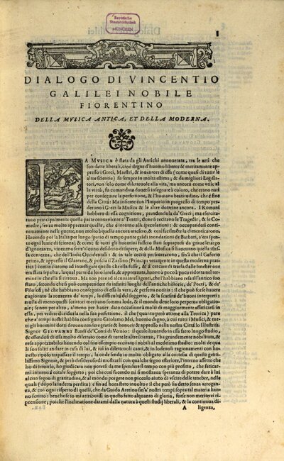 Dialogo di Vincentio Galilei nobile Fiorentino della musica antica et della moderna