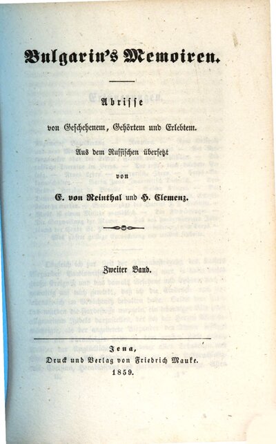 Bulgarin's Memoiren : Abrisse von Geschehenem, Gehörtem und Erlebtem, 2. Band