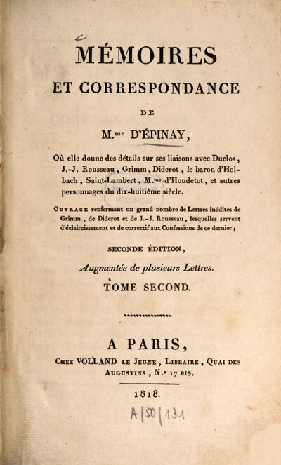 Mémoires Et Correspondance De M.me D'Épinay : Où elle donne des détails sur ses liaisons avec Duclos, J.-J. Rousseau, Grimm, Diderot, le baron d'Holbach, Saint-Lambert, M.me d'Houdetot, et autres personnages du dix-huitième siècle ; Ouvrage renfermant un grand nombre de Lettres inédites de Grimm, de Diderot et de J.-J. Rousseau, lesquelles servent d'éclaircissement et de correctif aux Confessions de ce dernier, 2