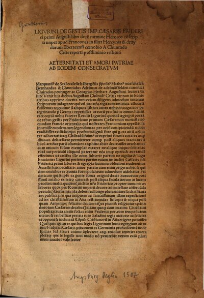 Ligvrini De Gestis Imp. Caesaris Friderici primi Augusti libri dece[m] : carmine heroico co[n]scripti