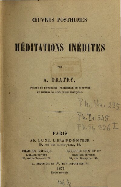 Oeuvres posthumes : Méditations inédites par A. Gratry