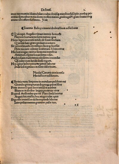 Que hoc volumine contine[n]tur. Liber de intellectu. Liber de sensu. Liber de nichilo. Ars oppositorum. Liber de generatione. Liber de sapiente. Liber de duodecim numeris Epistole complures