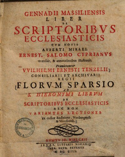 Gennadii Massiliensis Liber De Scriptoribvs Ecclesiasticis