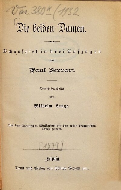 Die beiden Damen : Schauspiel in 3 Aufzügen