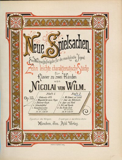 Neue Spielsachen : eine Weihnachtsfestgabe für die musikalische Jugend ; zehn leichte charakteristische Stücke für Klavier zu zwei Händen ; Op. 113, 2. 6. Mit Schwert und Schild. 7. Ueber dem Bilderbuche. 8. Jäger und Hund. 9. Hirt und Heerde. 10. Des Kindes Dank