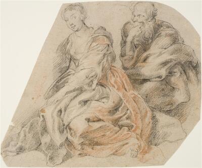 A young woman and an old man. (Mary and Joseph? Susanna and one of the two elders?)