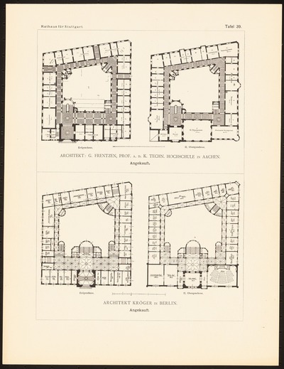 Konkurrenzentwürfe für ein Rathaus in Stuttgart, zusammengest. v. W. Kick, Stuttgart 1895: Grundriss EG, 2. OG (Frentzen), Grundriss EG, 2. OG (Kröger)