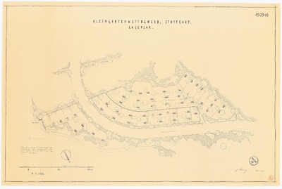 Kleingartenkolonie für den Wettbewerb der Reichsgartenschau, Stuttgart (Hollweg, Weltmann): Lageplan 1:500