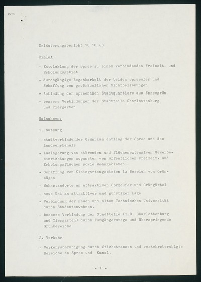 Spreebogen zwischen Schloss Charlottenburg und Schloss Bellevue, Berlin. Schinkelwettbewerb 1981: Erläuterungsbericht (2 Seiten)