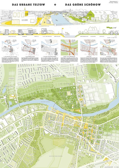 Zwischen Teltow und Zehlendorf. Schinkelwettbewerb 2016: Lageplan 1:2500, Schnitt 1:500, perspektivische Darstellung, Erläuterungen