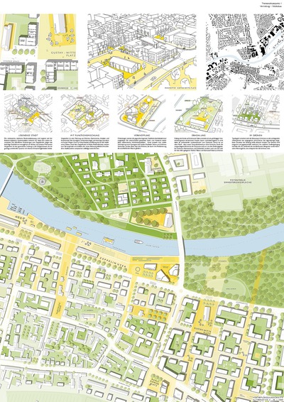 Zwischen Teltow und Zehlendorf. Schinkelwettbewerb 2016: Schwarzplan 1:10000, Lageplan 1:1000, Grundrisse 1:500, perspektivische Darstellung, Erläuterungen