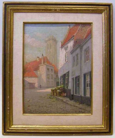 Guillaume Ballewijns (1875-1944), Gezicht op de Romboutstoren, Mechelen, 1930, olie op paneel.
