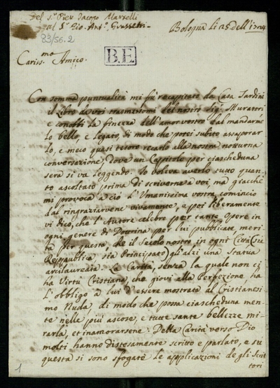 Lettera di Martello (Martelli), Pier Jacopo a Casali, Gregorio (1724)