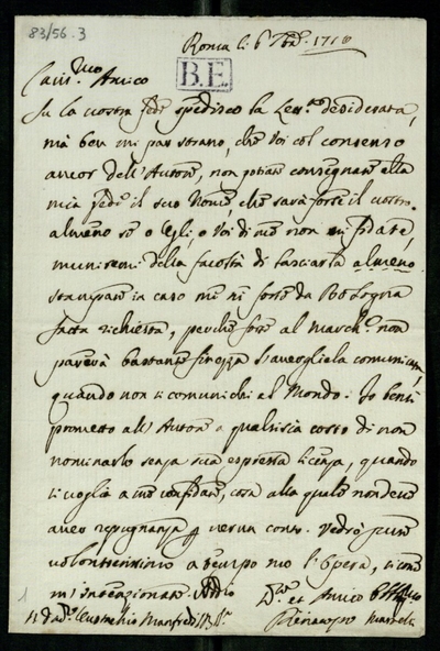 Letter from Martello (Martelli), Pier Jacopo a Grassetti, Giovanni Antonio (1710)