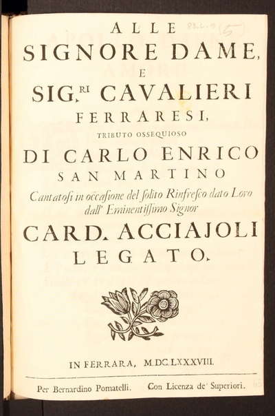 Innhalt und Verfassung der Comoedi von Liebs Betrug, ersinnet von Benedicto Ferrari ... Von höchstgedachter Röm. Kays. May. Cepelmaister Antonio Bertalli in der Music gesetzt. Gezieret mit denen Scenen und Verstellungen des Theatri durch Johan Burnaccini